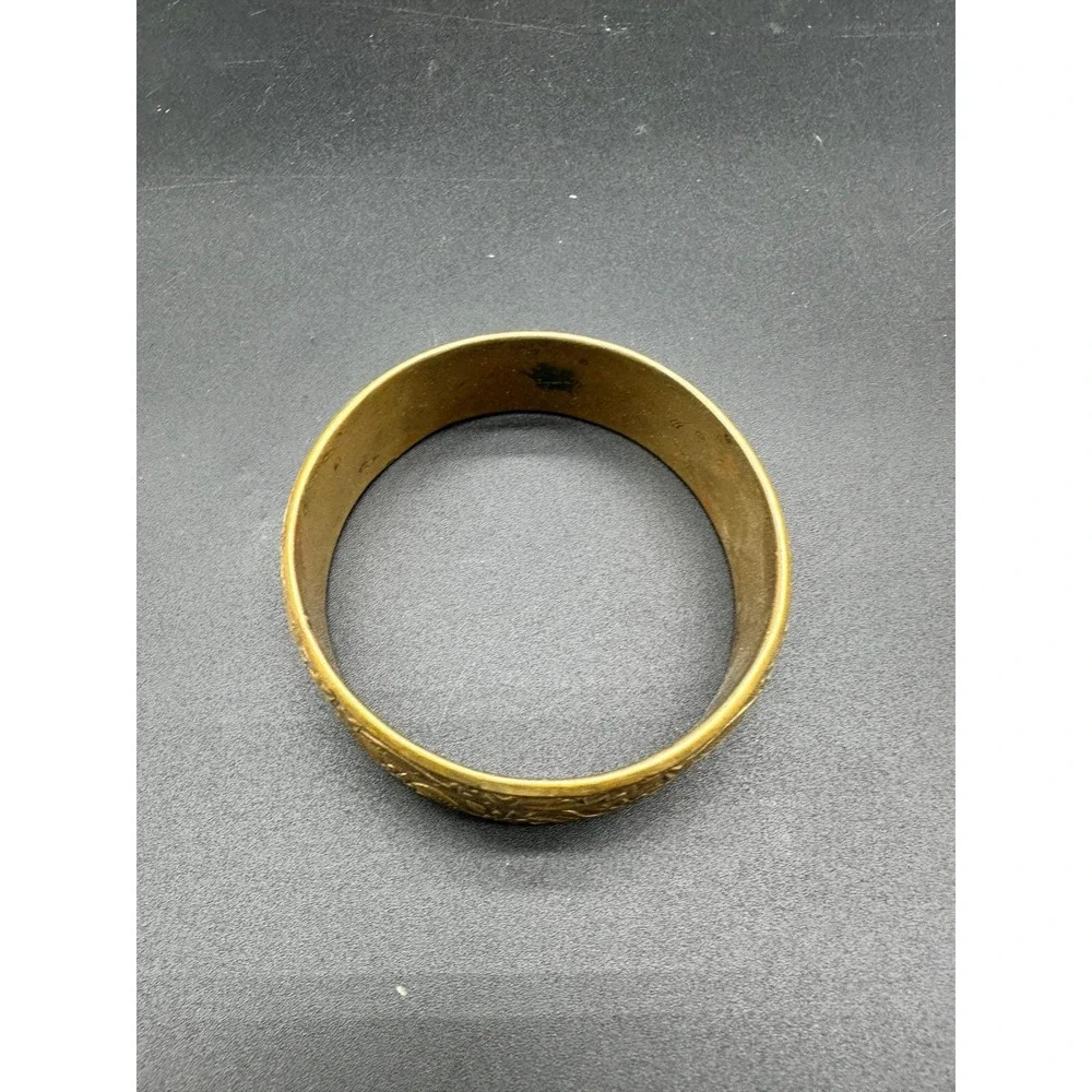 Vintage Brass Bangle Bracelet Victorian Style Floral Scroll Embossed Ornate Wide